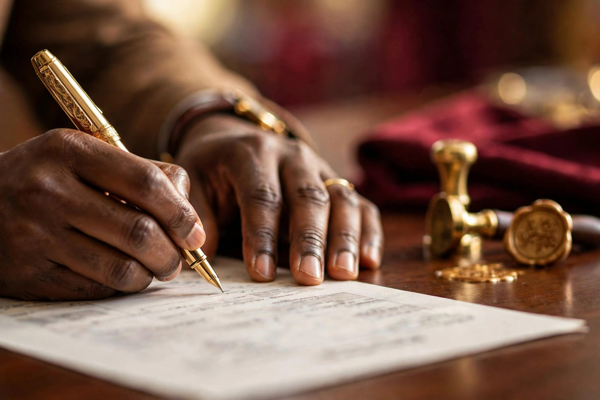 Signing documents with a gold pen